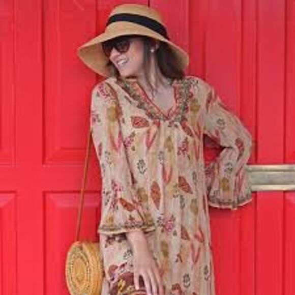 Zara Dress Tan Leaf Floral Pattern Nude Beige Bell Sleeve Embroidered Neckline M - Picture 3 of 12